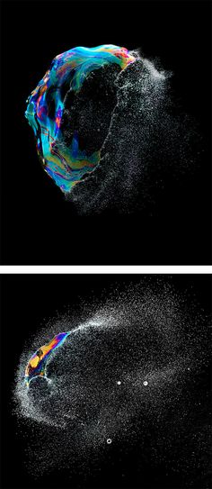 two different views of an object in the sky, one with blue and green paint on it