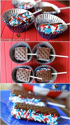 four chocolate pops are arranged on top of each other with toothpicks sticking out of them