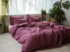 an unmade bed with purple sheets and pillows in front of a large potted plant