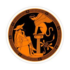 an orange and black greek vase with two men talking to each other on the side