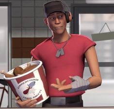 a cartoon character holding a bucket of food