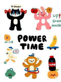 an image of power time with animals and other things in the background that says up, grow, music