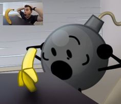 a cartoon character with a banana in front of him