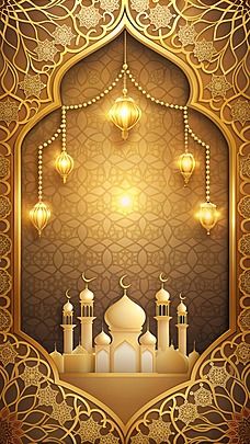 an ornate golden background with lanterns and mosques