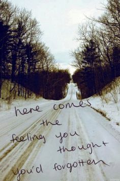 a snowy road with a quote written on it that says, here comes feeling the night you'd forgotten