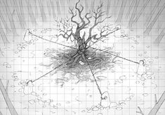 a drawing of a tree in the middle of a tiled floor with water droplets on it