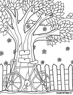 a coloring page with a tree and bicycle in the foreground, surrounded by flowers