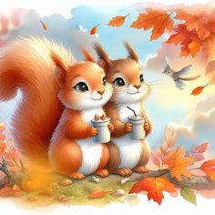 two squirrels are standing next to each other holding coffee mugs in their paws, with autumn leaves surrounding them