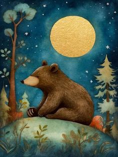 a painting of a brown bear sitting on top of a hill under a full moon