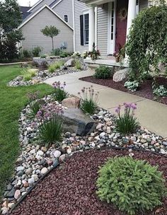 a front yard with rocks and flowers in the foreground