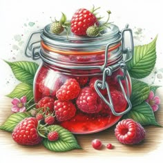 a painting of raspberries in a jar with leaves