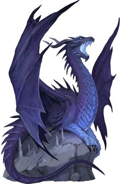 a blue dragon sitting on top of a rock with its mouth open and it's wings