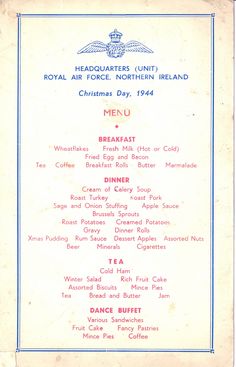 an old menu for the royal air force northern ireland