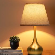 a lamp that is on top of a table next to books and a potted plant