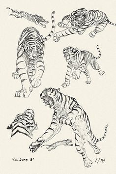 four tigers running and jumping in the air with their tails spread out, one on its