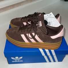 Size 8, Brand New In Box, Rare Color. Adidas Shoes Women Trendy, Pink And Brown Adidas, Brown And Pink Adidas, Adidas Gazelle Brown, Adidas Gazelle Pink, Shoes Wishlist, Adidas Gazelles, Manifest Board, Adidas Brown