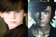 two different pictures of the same boy with blue eyes and brown hair, one is wearing a hat