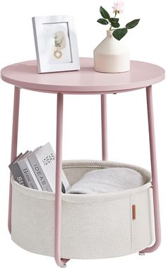 VASAGLE End Table, Small Bedside Table with Fabric Basket, Modern Nightstand, Round Side Table, for Living Room, Bedroom, Jelly Pink and Cream White ULET223R61 Small Bedside, Small Bedside Table, Side End Table, Fabric Basket, Table For Living Room, White Nightstand, Table Round, Small Coffee Table, Modern Nightstand