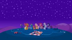 an old school computer game with many ponies on the ground and stars in the sky