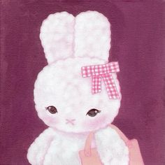 a painting of a white bunny with a pink bow on it's head sitting in front of a purple background