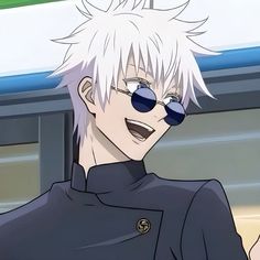 an anime character with white hair and blue eyes wearing black clothing, smiling at the camera