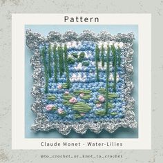 a blue and white square with flowers on it, in the middle is an image of water lilies