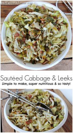 cabbage and leeks in a white bowl with spoons