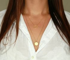 "Great Gift Idea This listing is for a 2 layered necklace and comes in 14K Gold Plated and Sterling Silver - The 2 pieces are separate, so you can mix and match and layer how you want. They even look amazing on their own.  Please note: our necklaces can be lengthened (with an extender) and shortened to any length. If you would like a custom length please let us know in the notes section of your order. The set of 2 includes: - Our Karma Circle Necklace at 18\" which can also be found here by itself:  https://www.etsy.com/listing/243149060/single-karma-circle-necklace-in-14k-gold?ref=shop_home_active_1 - Large Disc Necklace at 22\"  which can also be found here by itself:  https://www.etsy.com/listing/243038027/single-necklace-disc-pendant-large-on-22?ref=shop_home_active_6 Like picture 4? A Layered Gold Plated Jewelry As Gift, Layered Yellow Gold Jewelry As Gift, Yellow Gold Round Layered Necklace For Gift, Layered Yellow Gold Jewelry Gift, Yellow Gold Round Layered Necklace Gift, Layered Yellow Gold Jewelry For Gifts, Layered Gold Plated Necklaces As Gift, Layered Gold Plated Necklaces For Gifts, Layered Gold-plated Necklace For Gifts