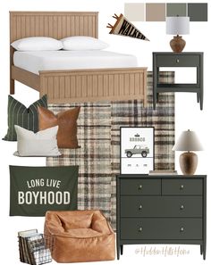 a collage of furniture and decor items including a bed, dresser, chair, lamp, lampshade