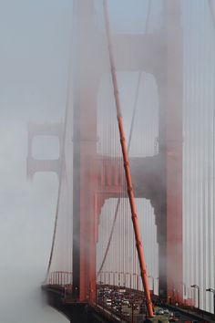 the golden gate bridge is surrounded by fog