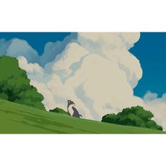 an animated image of a squirrel on a hill with trees and clouds in the background