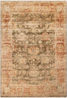 an old rug with faded colors and patterns on the bottom, it is in neutral tones