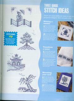 an article in the cross stitch magazine features pictures of trees and other things to sew