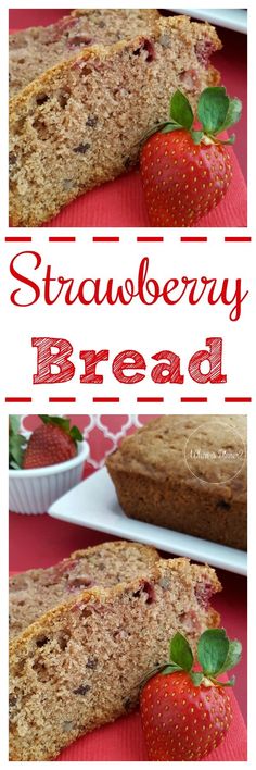 strawberry bread is cut in half and ready to be eaten with strawberries on top