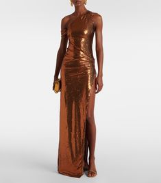 Sequined gathered one-shoulder gown in gold - The New Arrivals Ilkyaz Ozel | Mytheresa Copper Gown, Bronze Gown, Gown Gold, One Shoulder Gown, Sequin Gown, Gowns Dresses, Designing Women, Dress Skirt, Evening Dresses