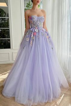 Lilac Tulle Strapless Lace Appliques Long Prom Dresses, Lavender Lace Formal Dresses, Lilac Evening Dresses WT1373 Floral Gowns Long, Lavender Gown, Tulle Neckline, Prom Dresses Elegant, Floral Prom Dresses, Wedding Court, Floral Wedding Dress, Lavender Floral, Floral Gown