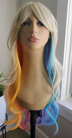 Long Wavy Rainbow Wig, Pastel Rainbow Wig, Blonde Wig with Rainbow Highlights, Rainbow, Rainbow Wig, Blonde, Wigs Wavy Rainbow, Rainbow Highlights, Rainbow Wig, Wig Blonde, Blonde Wigs, Blonde Wig, Crazy Hair, Pastel Rainbow, Hair Goals