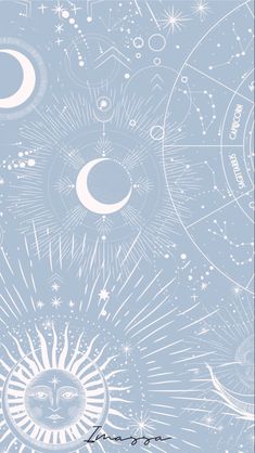 a blue and white wallpaper with stars, moon and sun