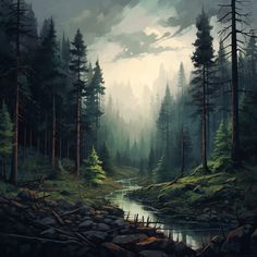 a painting of a forest filled with lots of trees next to a river surrounded by rocks