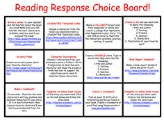 the reading response choice board is shown in red and blue text, which includes several different words