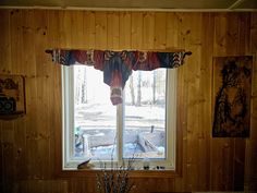 a window in a wood paneled room with snow on the ground and trees outside