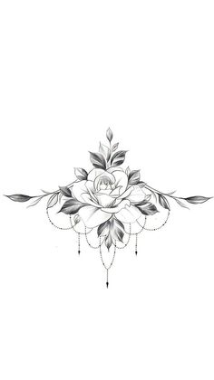 a black and white drawing of a rose with leaves on it's side,