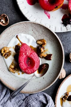 EASY POACHED PEAR AND CARAMELISED NUTS a sweet and colourful recipe for Christmas! CLICK to get the recipe and to know WHY the quality and look of a kitchen worktop is also super important as a food photographer and stylist. Want to learn how to style you food photography using the colour palette and the right backdrop? JOIN my #foodphotography masterclasses The Little Plantation.co.uk. #learnfoodphotography #foodstyling #foodphotographytutorials #vegandesserts #poachedpear #christmaswweet Poached Pears Recipe, Christmas Food Photography, Vegan Food Photography, Recipe For Christmas, Pear Recipes, Poached Pears, Beautiful Food Photography, Food Photography Inspiration, Photography Styling