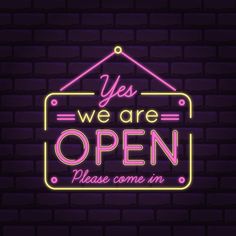 we are open neon sign on brick wall background with lettering and frame for your text