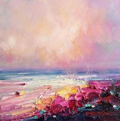 an abstract painting of the ocean with pinks and yellows in the sky above it