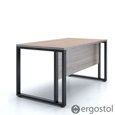 an office desk with black metal legs and a wooden top, on a white background