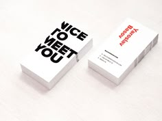 two business cards with the words nice to get you printed on them, sitting next to each other