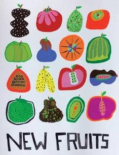 a poster with fruits and vegetables on it that says new fruits written in black ink