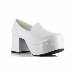 This is a listing for a new pair of 3" White Patent Platform Shoes.  These are a comfortable pair of costume shoes that will add the extra wow factor to any costume idea that you have in mind - PeeWee Herman, Pimp Daddy, Disco Dancer....  They are made by 1031 and the style name is 312-Daddio.  Available colors: Black, Gold, White Available sizes: US man's sizes 8/9, 10/11, 12/13.  The sizing for these shoes runs in doubles, however don't be scared off by that.  Choose your regular size and they Decades Costumes, Forrest Gump Costume, Kiss Costume, Mens Platform Shoes, Flapper Costume, Patent Leather Loafers, Costume Shoes, White Platform