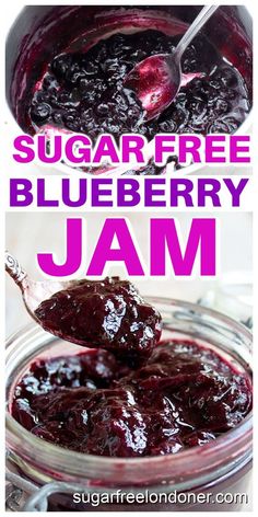 blueberry jam in a glass jar with spoon and text overlay that reads sugar free blueberry jam